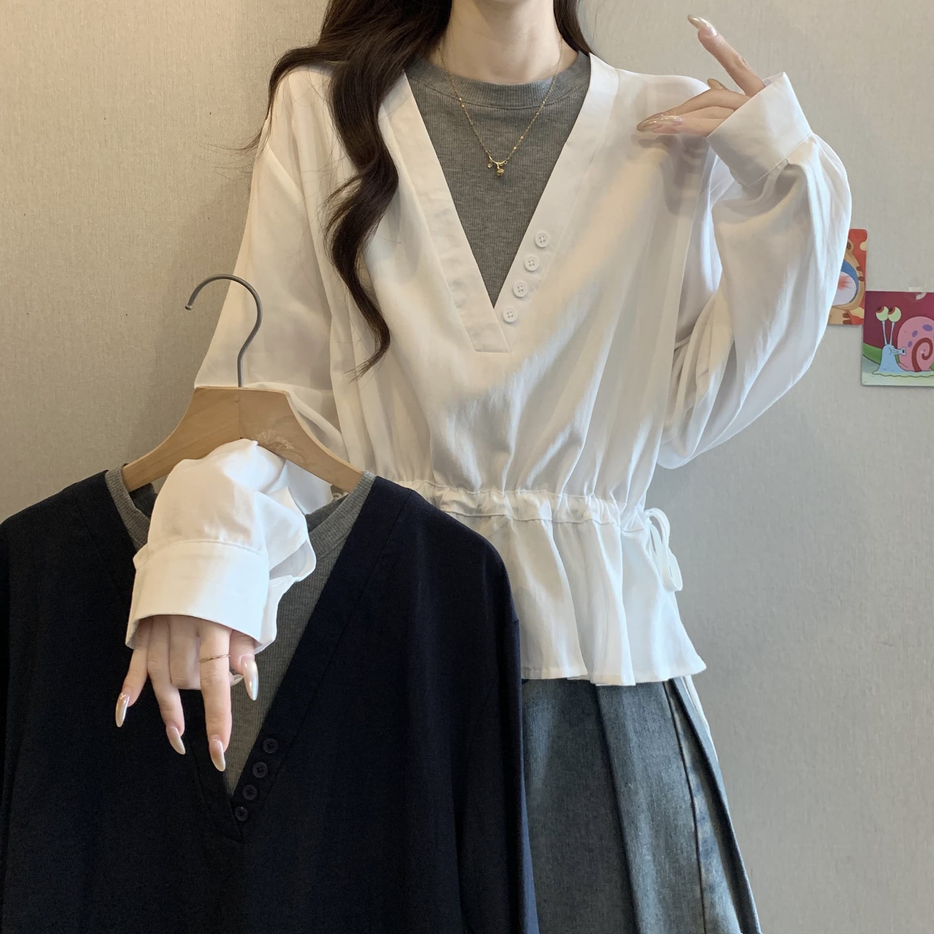 빅 사이즈 여성 의류 지방 mm 디자인 센스 작은 대중 가을 페이크 레이어드 긴팔 여성 셔츠 루즈핏 슬림해 보이는 맨위 여성 이미지 2