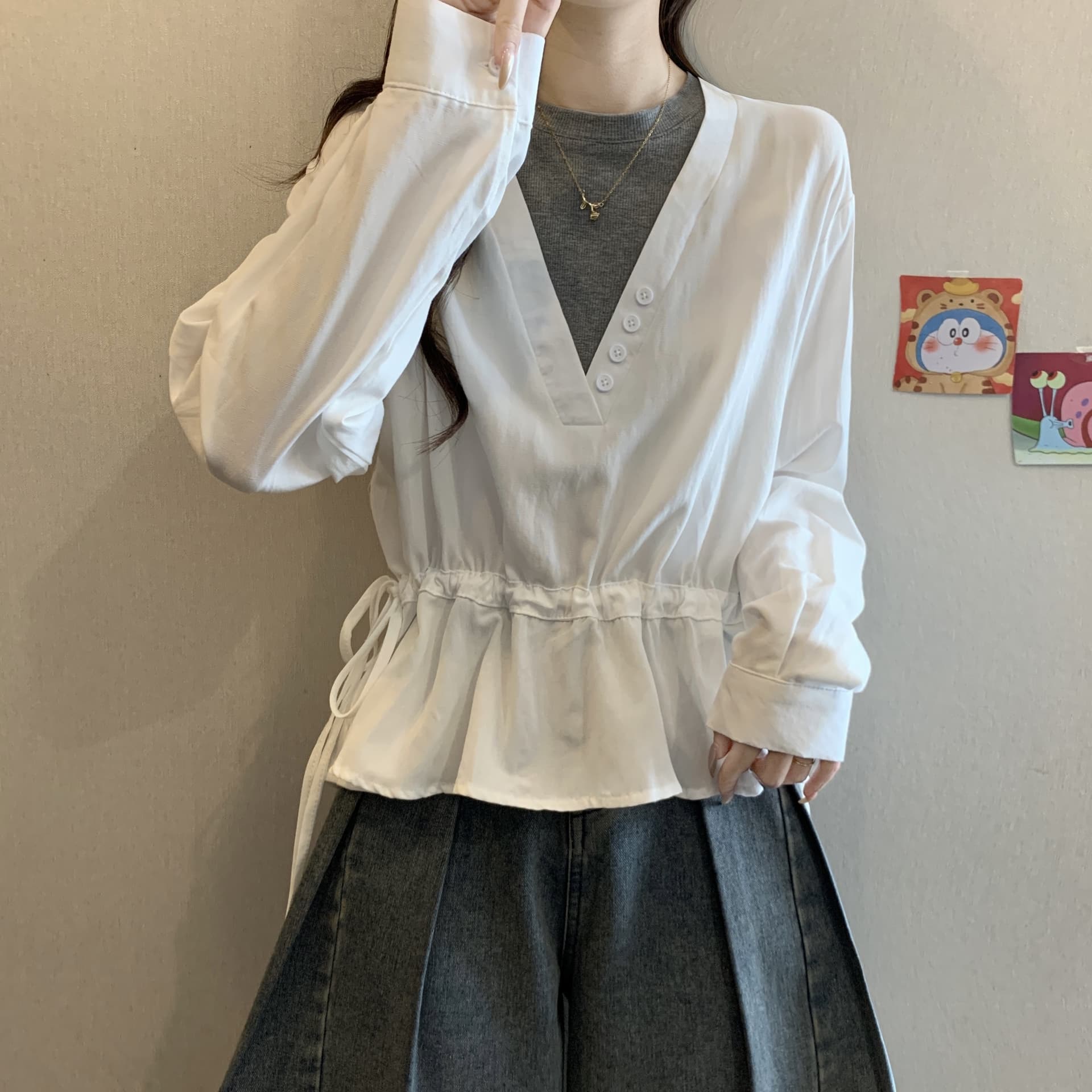 빅 사이즈 여성 의류 지방 mm 디자인 센스 작은 대중 가을 페이크 레이어드 긴팔 여성 셔츠 루즈핏 슬림해 보이는 맨위 여성 상세 이미지 2