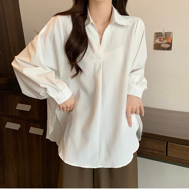 빅 사이즈 여성 의류 표지 배 맨위 여성 가을 의상 루즈핏 연령 감소 슬림해 보이는 통통한 여동생 mm 외국 가스 연령 감소 V 넥 셔츠 트렌디 상세 이미지 9