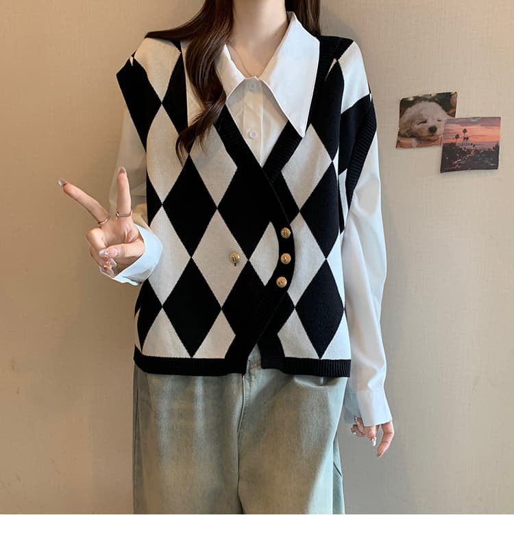 링 그리드 니트 베스트 조끼 여성 조기 가을 빅 사이즈 지방 mm 슬림해 보이는 스택 착용 베스트 셔츠 두 조각 여성 세트 상세 이미지 23