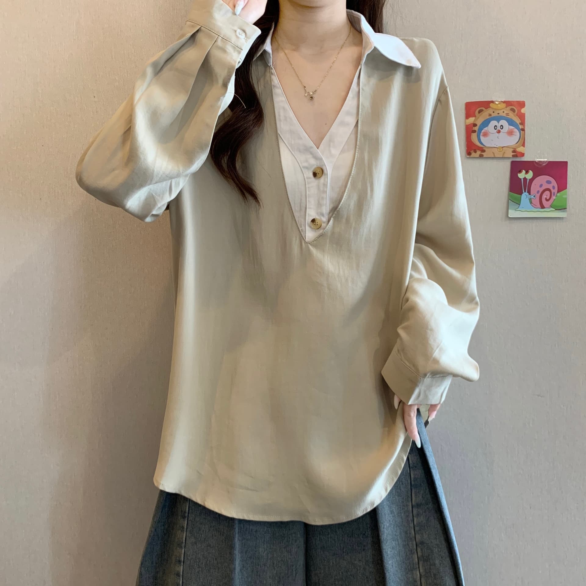 페이크 레이어드 폴로 칼라 배색 패치워크 긴팔 여성 셔츠 2026 가을 빅 사이즈 지방 mm 허리 수축 슬림해 보이는 표지 배 맨위 상세 이미지 11