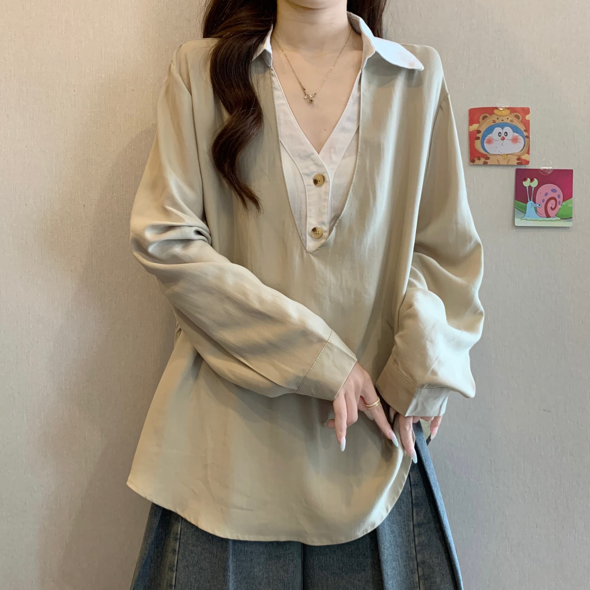 페이크 레이어드 폴로 칼라 배색 패치워크 긴팔 여성 셔츠 2026 가을 빅 사이즈 지방 mm 허리 수축 슬림해 보이는 표지 배 맨위 상세 이미지 12