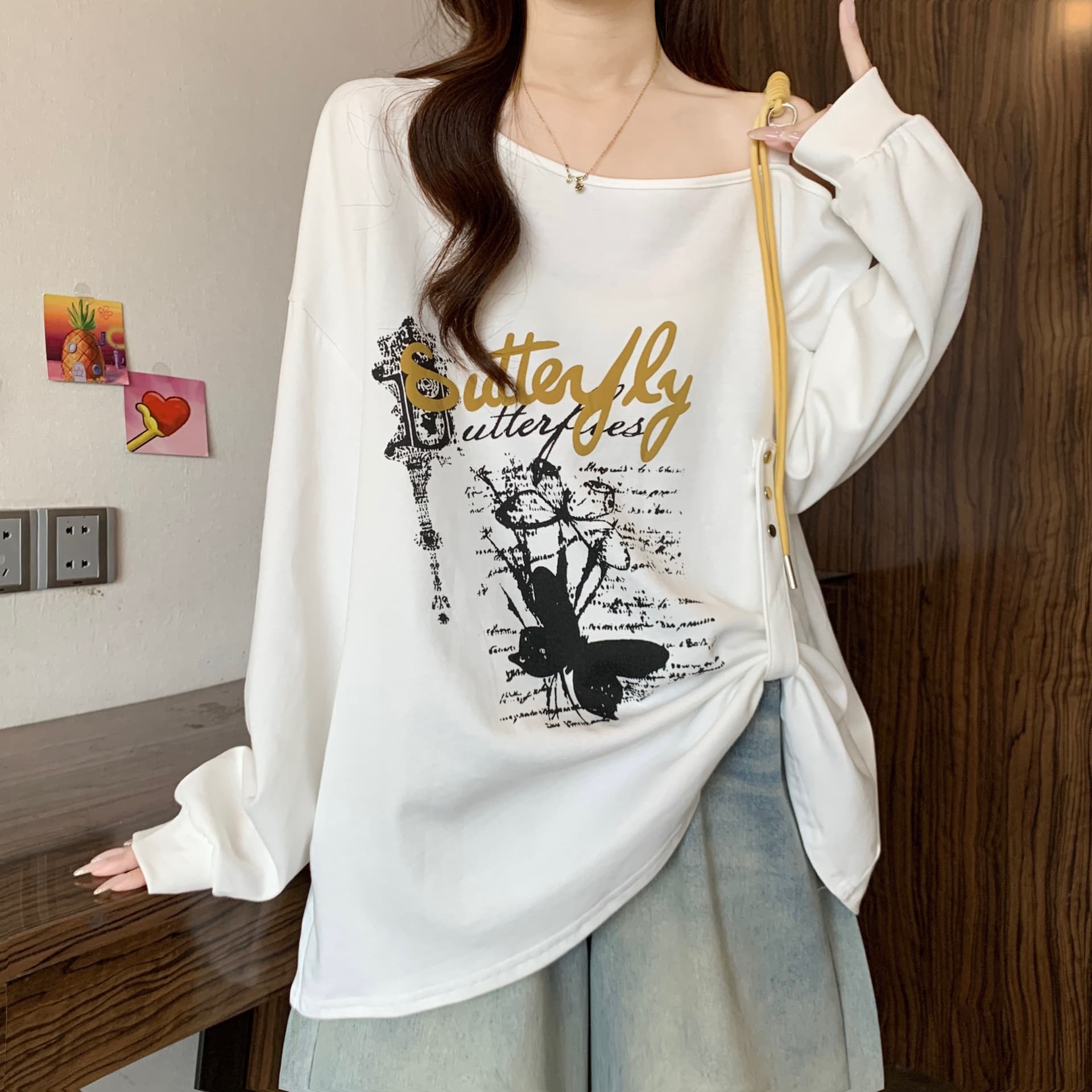 디자인 센스 오프숄더 긴팔 티셔츠 여성 2026 가을 빅 사이즈 지방 mm 표지 배 숨기기 고기 Chic 올해 인기 맨위 상세 이미지 4