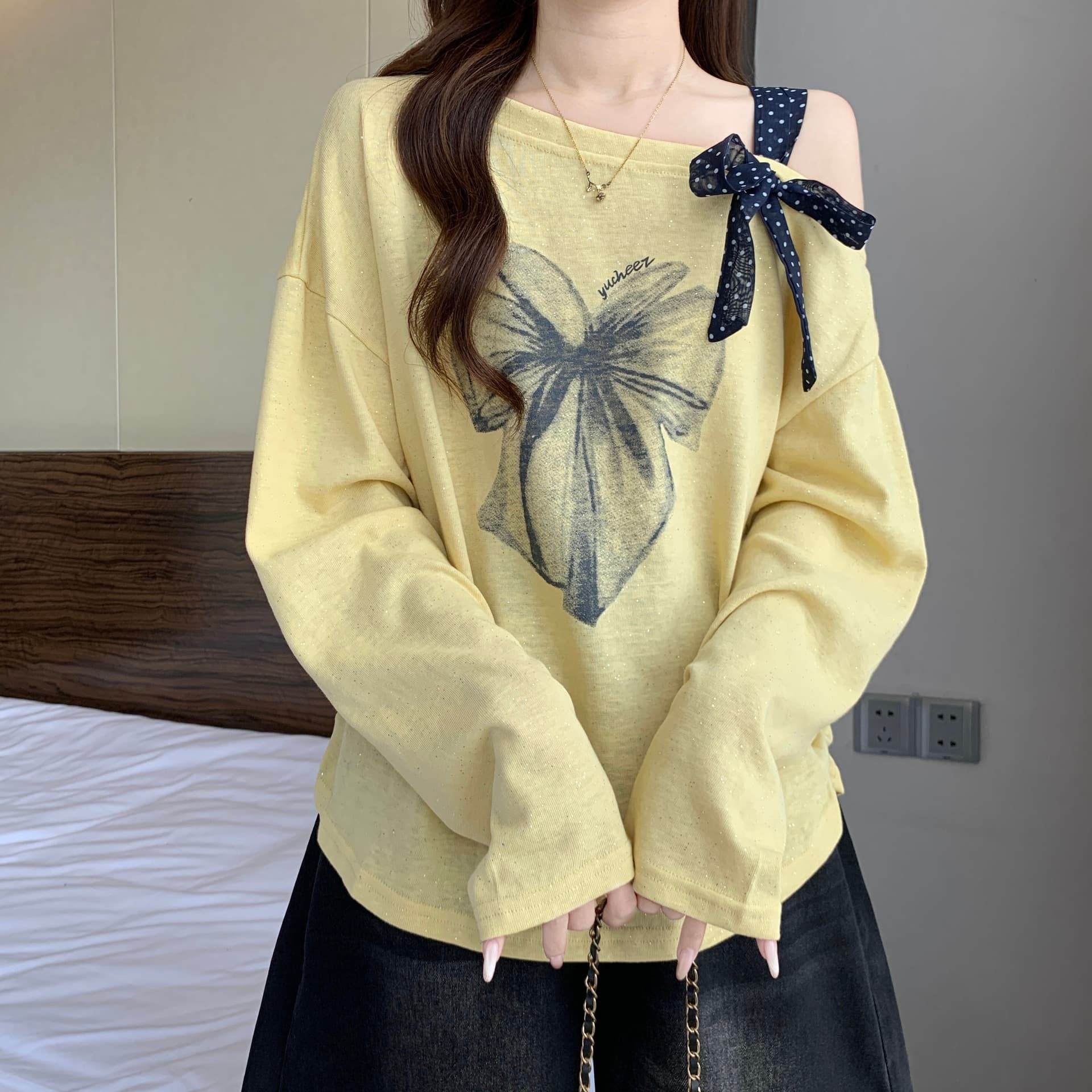 빅 사이즈 표지 배 아메리칸 프린트 긴팔 티셔츠 기본 셔츠 여성 가을 통통한 여동생 루즈핏 슬림해 보이는 오프숄더 맨위 상세 이미지 18