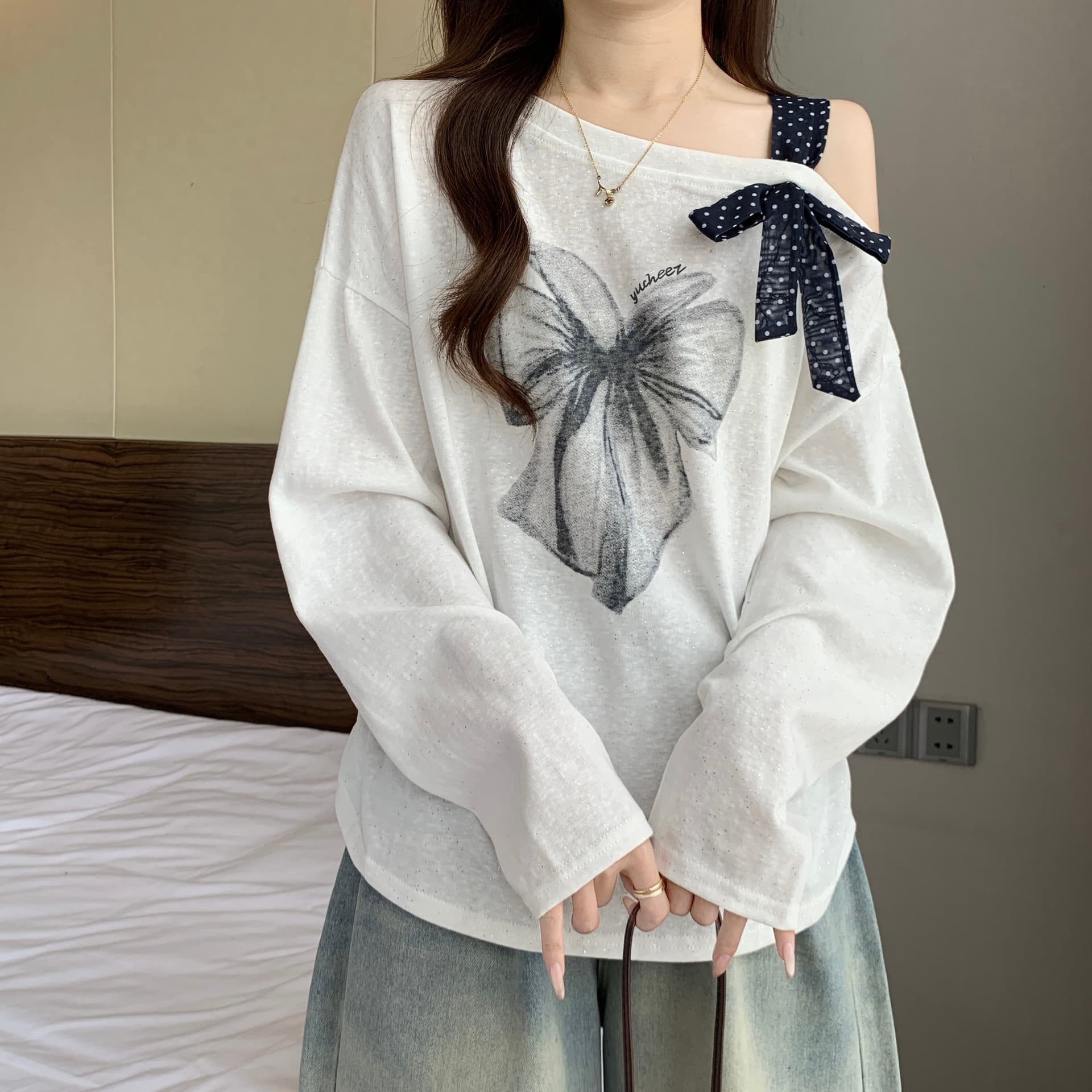빅 사이즈 표지 배 아메리칸 프린트 긴팔 티셔츠 기본 셔츠 여성 가을 통통한 여동생 루즈핏 슬림해 보이는 오프숄더 맨위 상세 이미지 8