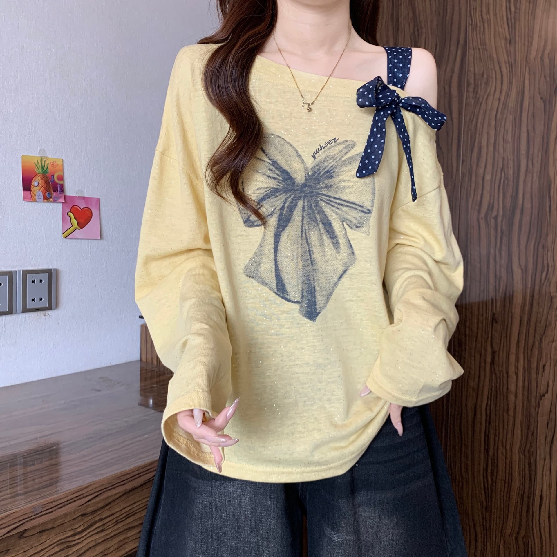 빅 사이즈 표지 배 아메리칸 프린트 긴팔 티셔츠 기본 셔츠 여성 가을 통통한 여동생 루즈핏 슬림해 보이는 오프숄더 맨위 상세 이미지 16