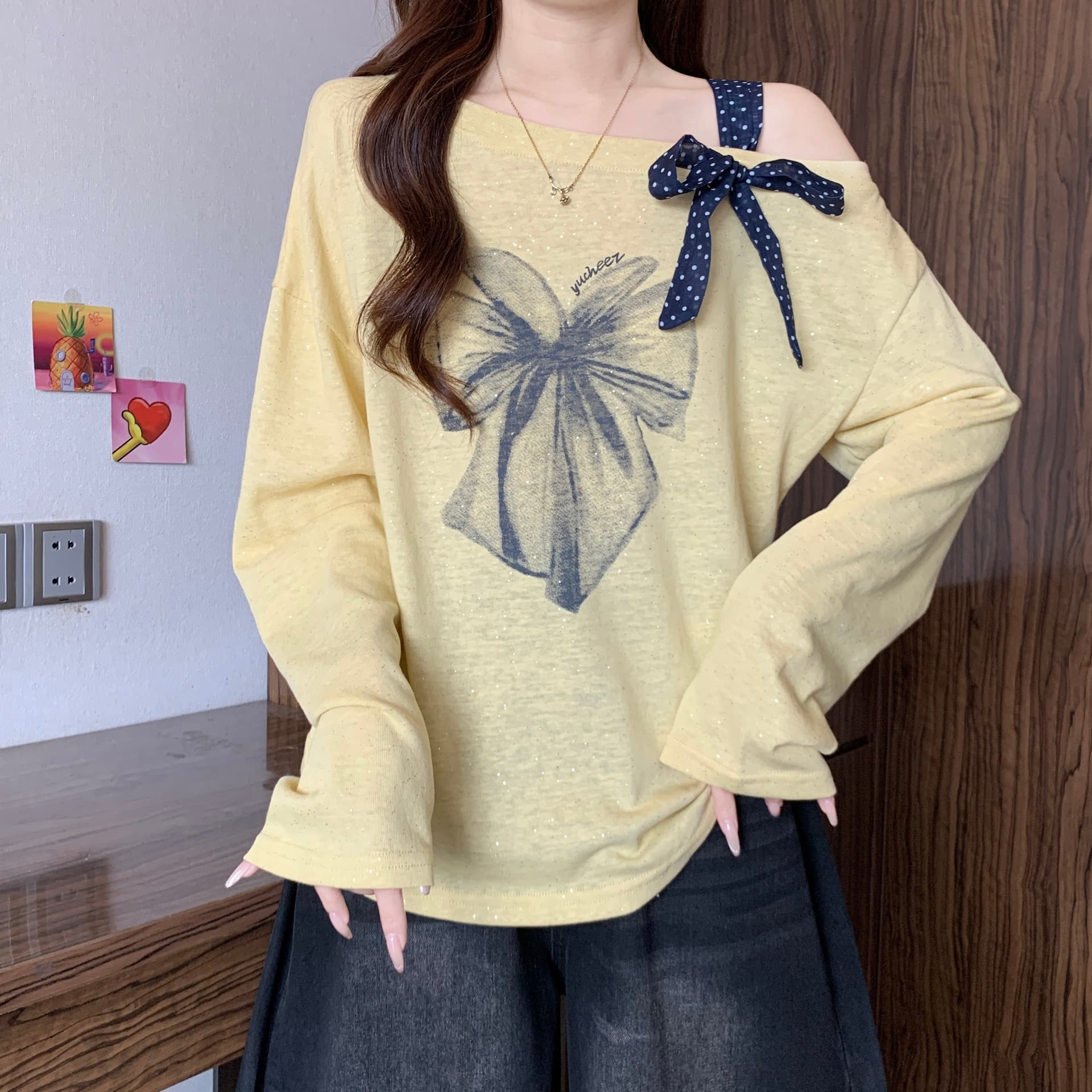 빅 사이즈 표지 배 아메리칸 프린트 긴팔 티셔츠 기본 셔츠 여성 가을 통통한 여동생 루즈핏 슬림해 보이는 오프숄더 맨위 상세 이미지 17