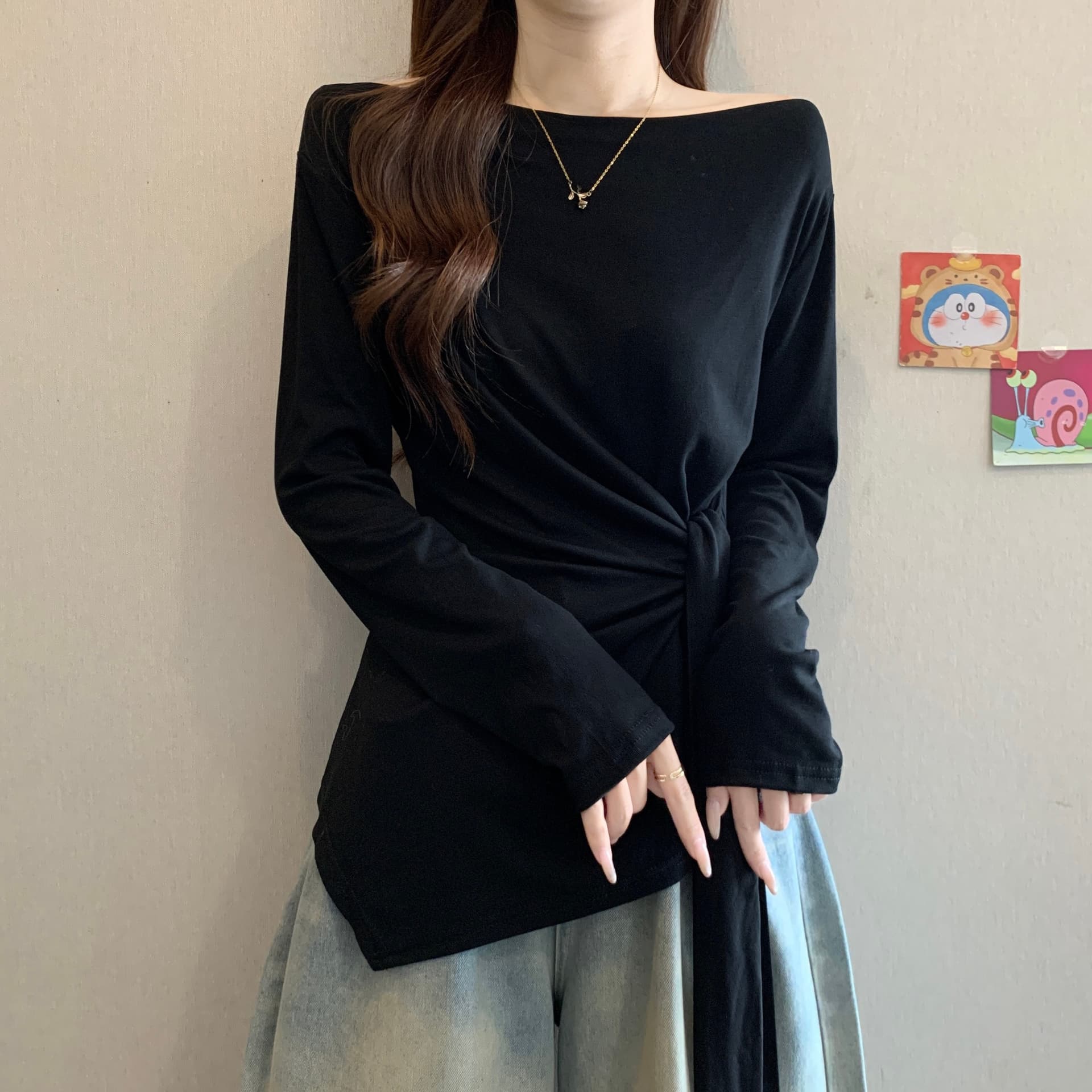 빅 사이즈 한 부서 스트라이프 긍정적 인 어깨 긴팔 소매 티셔츠 여성 가을 디자인 센스 동정 지방 mm 루즈핏 슬림해 보이는 맨위 상세 이미지 11