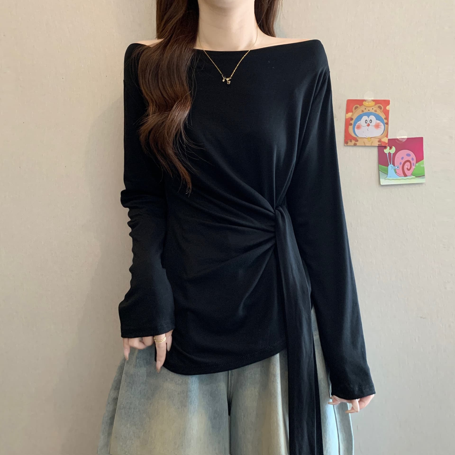 빅 사이즈 한 부서 스트라이프 긍정적 인 어깨 긴팔 소매 티셔츠 여성 가을 디자인 센스 동정 지방 mm 루즈핏 슬림해 보이는 맨위 상세 이미지 12
