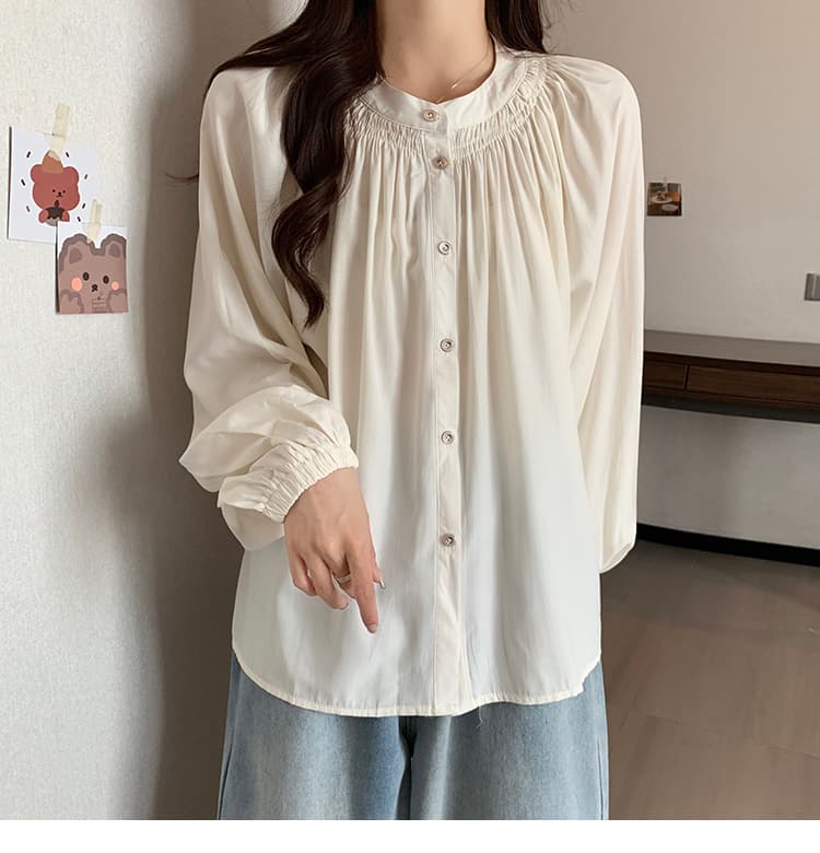 빅 사이즈 프랑스식 라운드 넥 싱글 줄 버튼 긴팔 여성 셔츠 이른 봄 통통한 여동생 루즈핏 슬림해 보이는 거품 소매 쉬폰 톱 상세 이미지 17