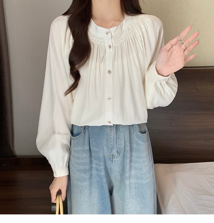 빅 사이즈 프랑스식 라운드 넥 싱글 줄 버튼 긴팔 여성 셔츠 이른 봄 통통한 여동생 루즈핏 슬림해 보이는 거품 소매 쉬폰 톱 상세 이미지 22