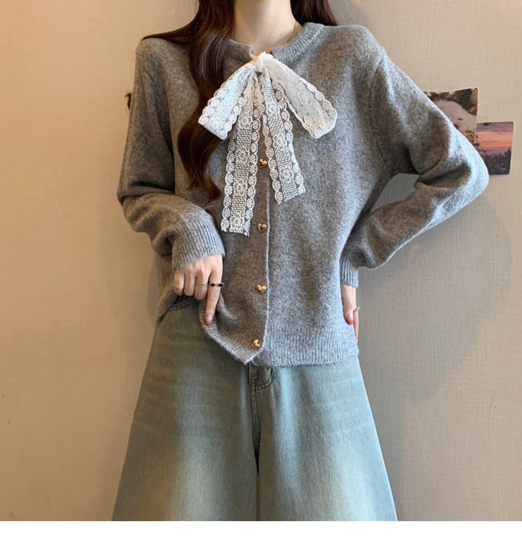 빅 사이즈 여성 의류 녹색 레이스 나비 매듭 라운드 넥 니트 오픈 가디건 스웨터 여성 코트 가을 겨울 인사이드 가져 가라. 수 있습니다. 외출용 상세 이미지 16