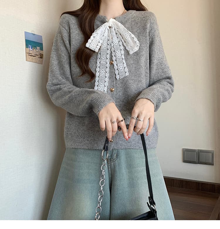 빅 사이즈 여성 의류 녹색 레이스 나비 매듭 라운드 넥 니트 오픈 가디건 스웨터 여성 코트 가을 겨울 인사이드 가져 가라. 수 있습니다. 외출용 상세 이미지 23