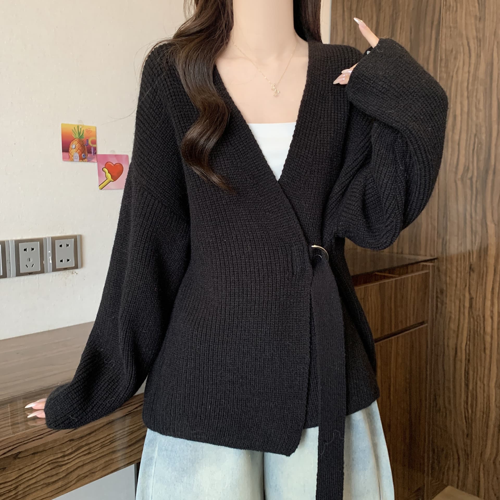 가을 겨울 새로운 프랑스식 슈퍼 잘 생긴 V넥 스웨터 빅 사이즈 여성 의류 지방 mm 느긋한 바람 카디건 코트 상세 이미지 26