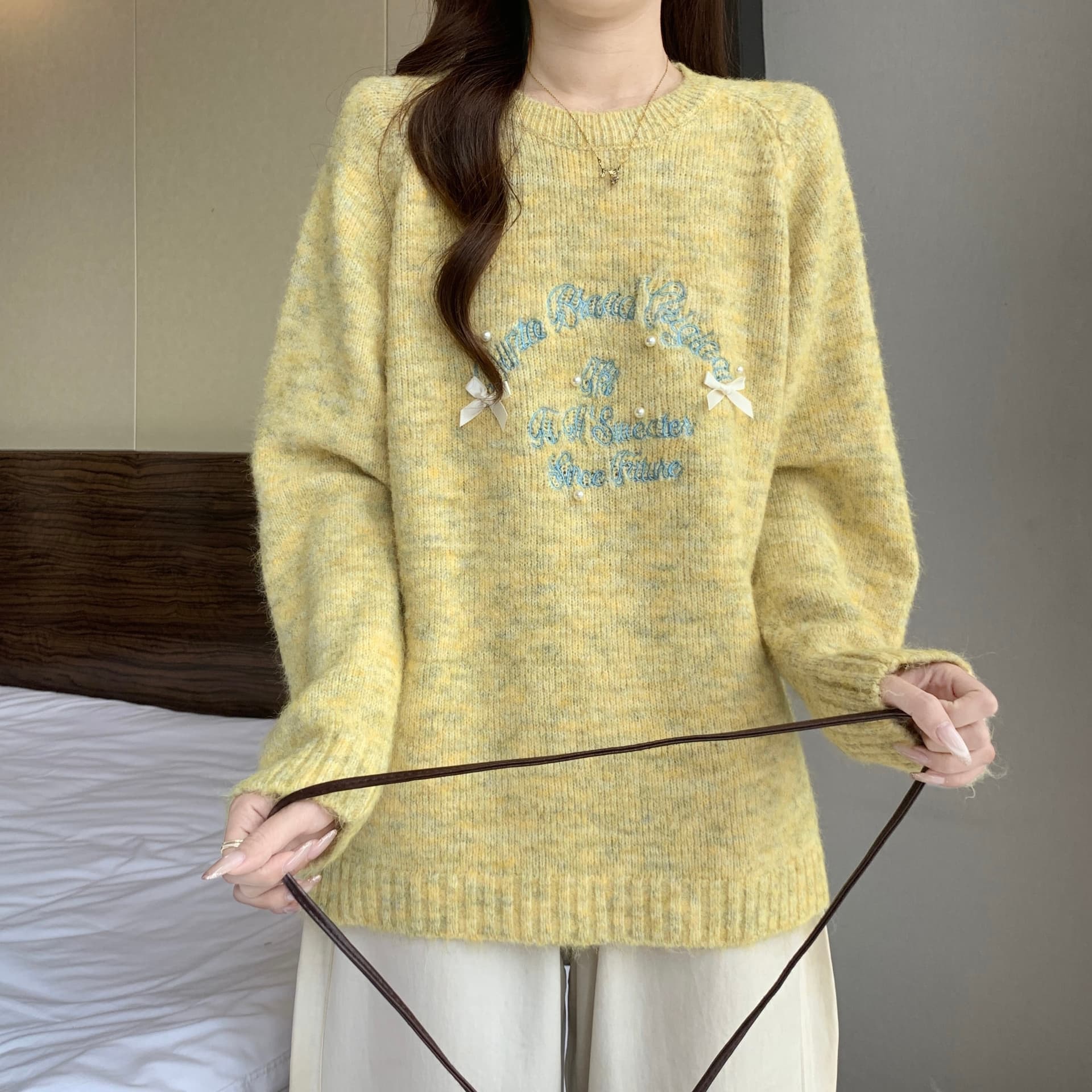 한 부서 달콤함 연령 감소 나비 매듭 니트 스웨터 여성 가을 겨울 빅 사이즈 지방 mm 슬림해 보이는 디자인 센스 인사이드 가져 가라. 풀오버 상세 이미지 19