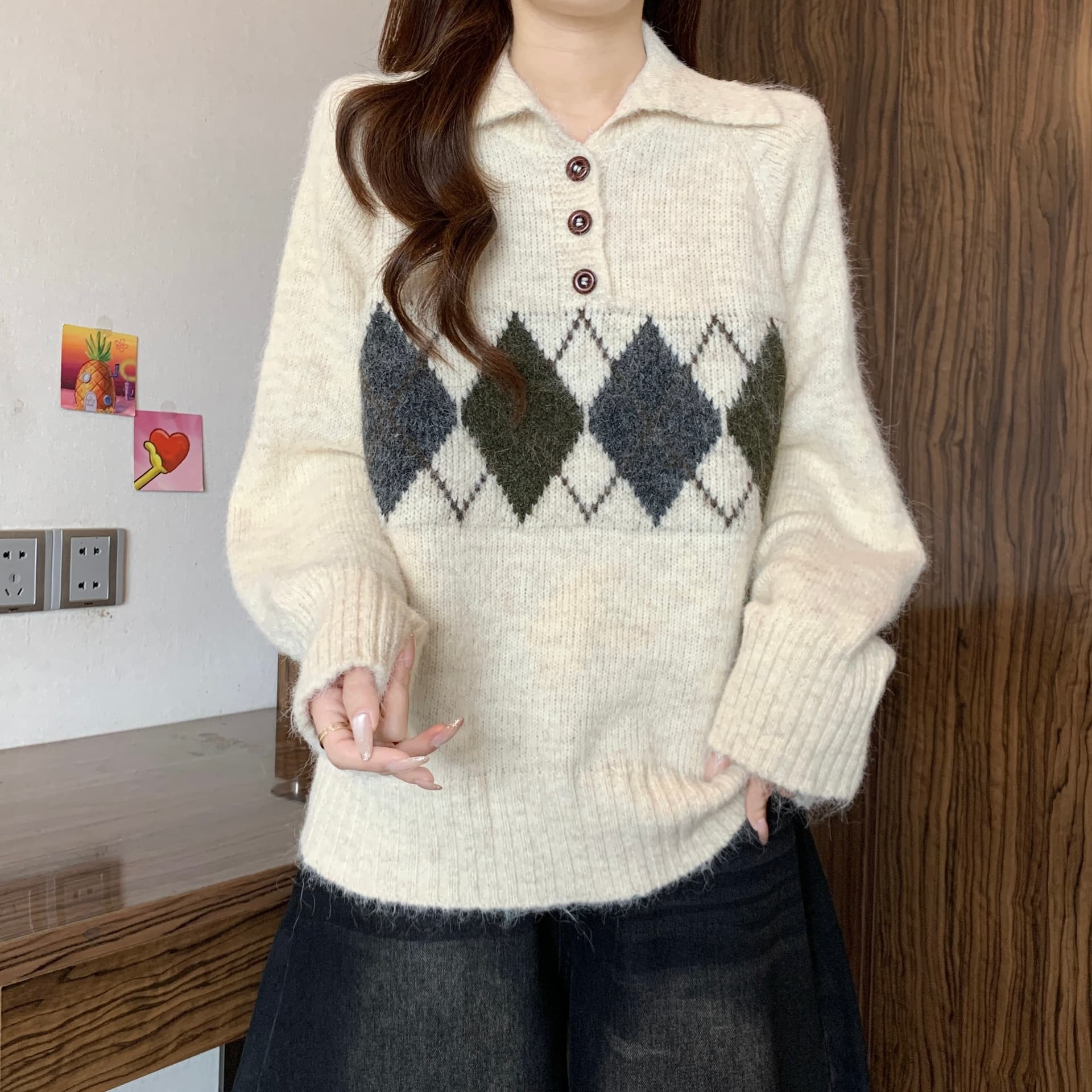 느긋한 바람 회색 폴로 칼라 긍정적 인 어깨 링 그리드 스웨터 여자 2026 가을 겨울 새로운 빅 사이즈 지방 mm 공정한 섬 바람 맨위 상세 이미지 6