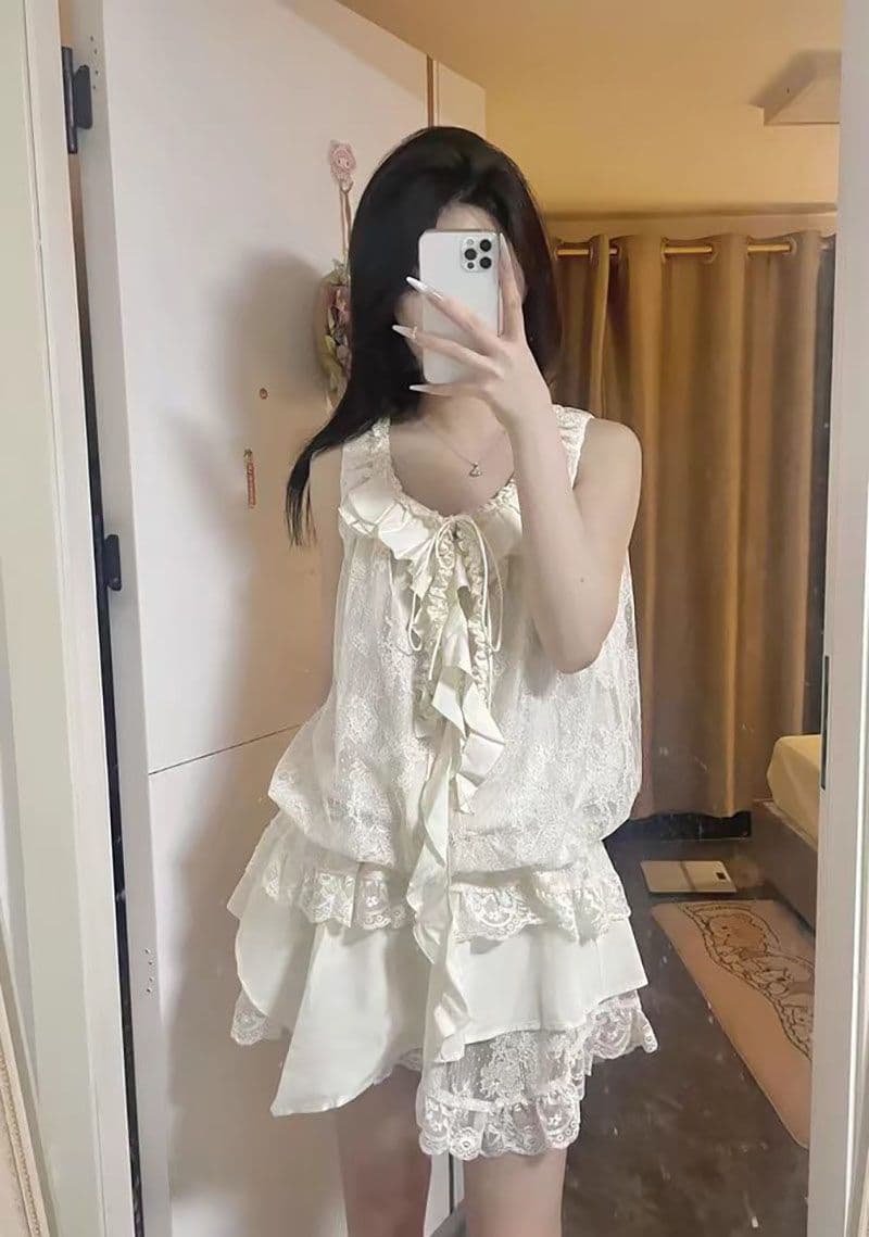 흐름 지불 소녀 신제품 고유 한 살구 색상 민소매 조끼 맨위 여성 아름다운 레이스 미니 스커트 프랑스식 레이스 세트 이미지 2
