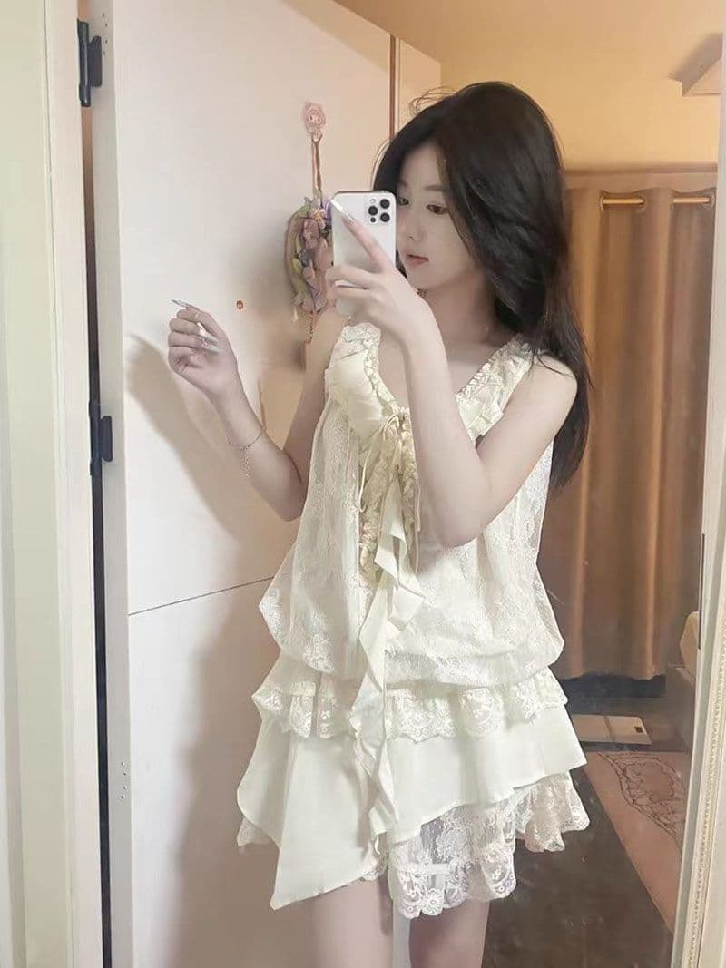 흐름 지불 소녀 신제품 고유 한 살구 색상 민소매 조끼 맨위 여성 아름다운 레이스 미니 스커트 프랑스식 레이스 세트