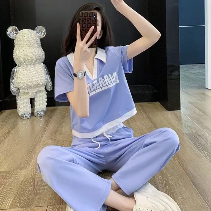 패션 운동복 세트 여성 여름 캐주얼 외국 가스 연령 감소 V넥 반팔 티셔츠 와이드 레그 팬츠 투피스 세트 826