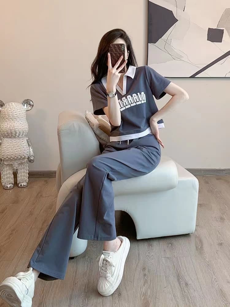 패션 운동복 세트 여성 여름 캐주얼 외국 가스 연령 감소 V넥 반팔 티셔츠 와이드 레그 팬츠 투피스 세트 826 이미지 2