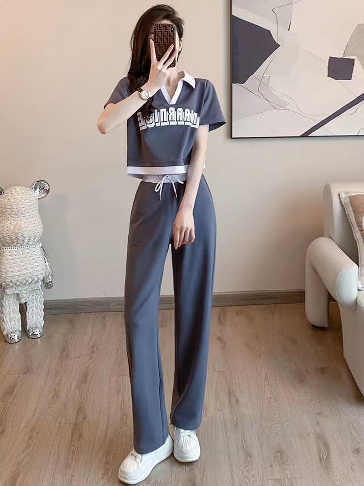 패션 운동복 세트 여성 여름 캐주얼 외국 가스 연령 감소 V넥 반팔 티셔츠 와이드 레그 팬츠 투피스 세트 826 이미지 3