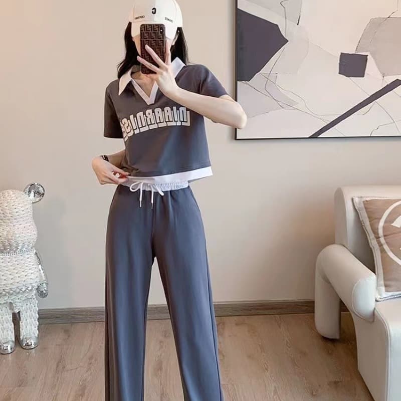 패션 운동복 세트 여성 여름 캐주얼 외국 가스 연령 감소 V넥 반팔 티셔츠 와이드 레그 팬츠 투피스 세트 826 이미지 5