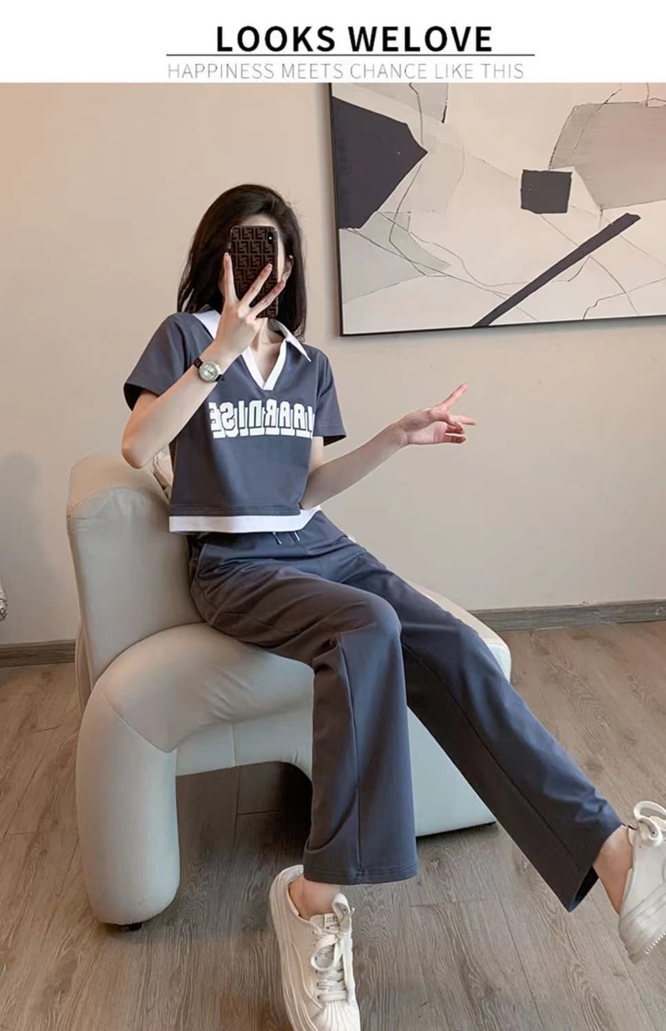 패션 운동복 세트 여성 여름 캐주얼 외국 가스 연령 감소 V넥 반팔 티셔츠 와이드 레그 팬츠 투피스 세트 826 상세 이미지 8