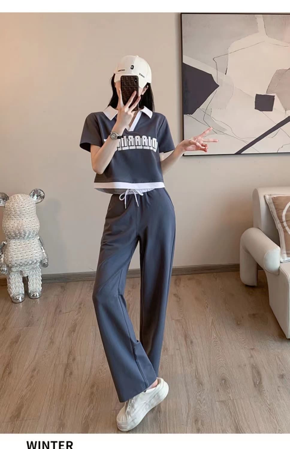 패션 운동복 세트 여성 여름 캐주얼 외국 가스 연령 감소 V넥 반팔 티셔츠 와이드 레그 팬츠 투피스 세트 826 상세 이미지 10