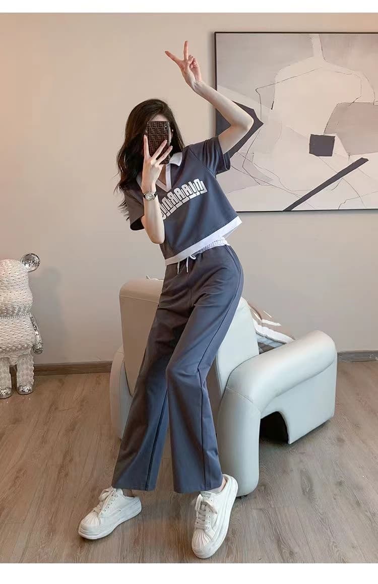 패션 운동복 세트 여성 여름 캐주얼 외국 가스 연령 감소 V넥 반팔 티셔츠 와이드 레그 팬츠 투피스 세트 826 상세 이미지 12
