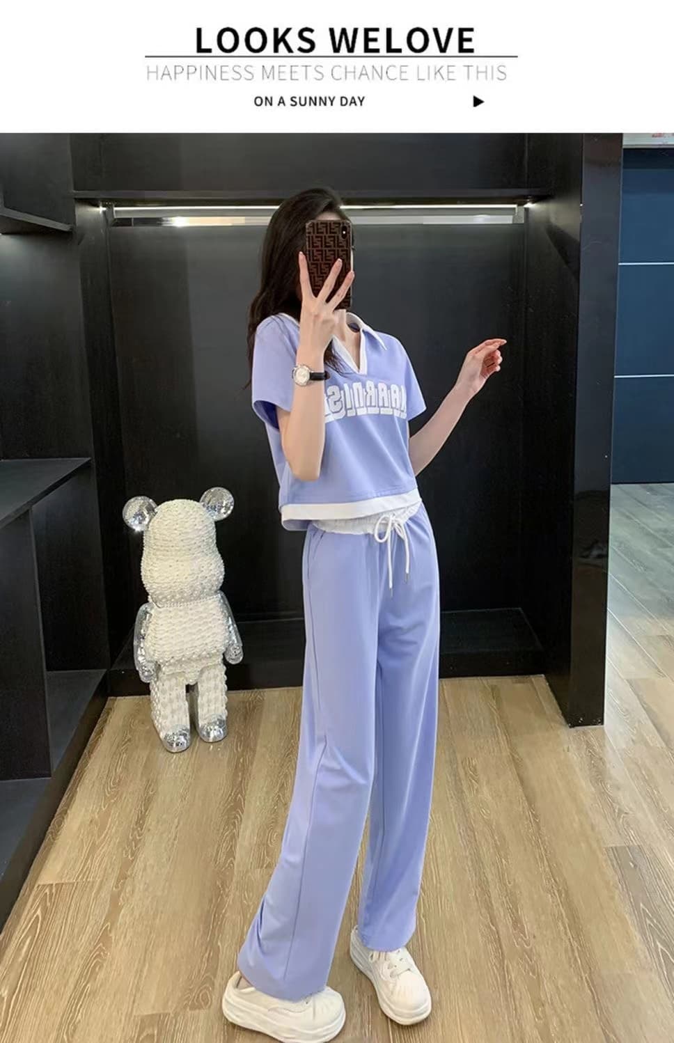 패션 운동복 세트 여성 여름 캐주얼 외국 가스 연령 감소 V넥 반팔 티셔츠 와이드 레그 팬츠 투피스 세트 826 상세 이미지 15