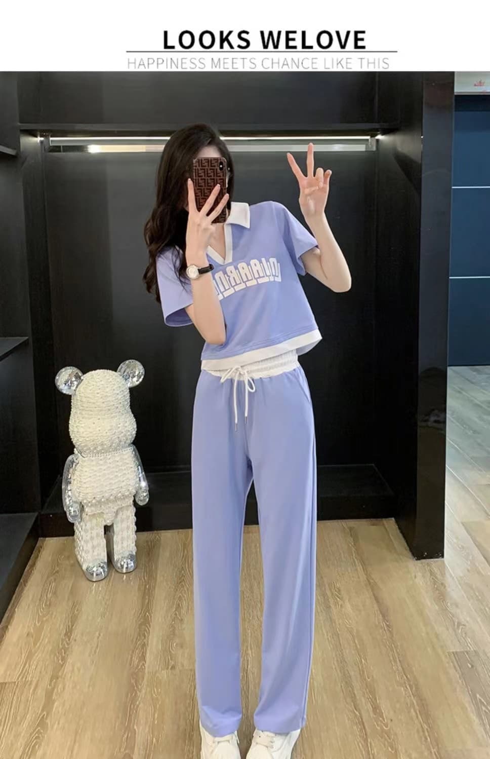패션 운동복 세트 여성 여름 캐주얼 외국 가스 연령 감소 V넥 반팔 티셔츠 와이드 레그 팬츠 투피스 세트 826 상세 이미지 19