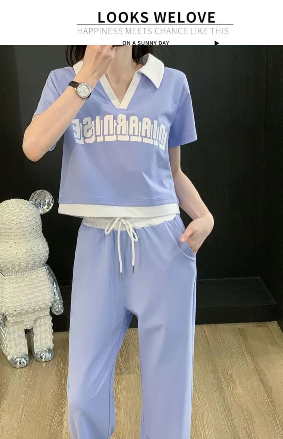 패션 운동복 세트 여성 여름 캐주얼 외국 가스 연령 감소 V넥 반팔 티셔츠 와이드 레그 팬츠 투피스 세트 826 상세 이미지 22