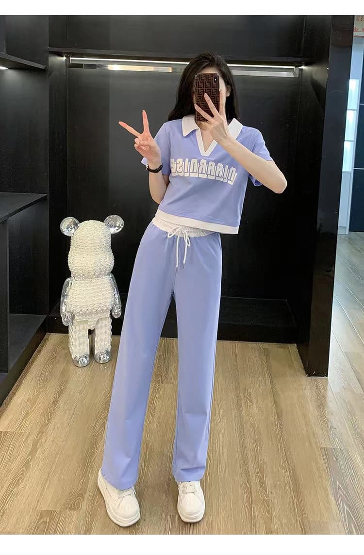 패션 운동복 세트 여성 여름 캐주얼 외국 가스 연령 감소 V넥 반팔 티셔츠 와이드 레그 팬츠 투피스 세트 826 상세 이미지 24