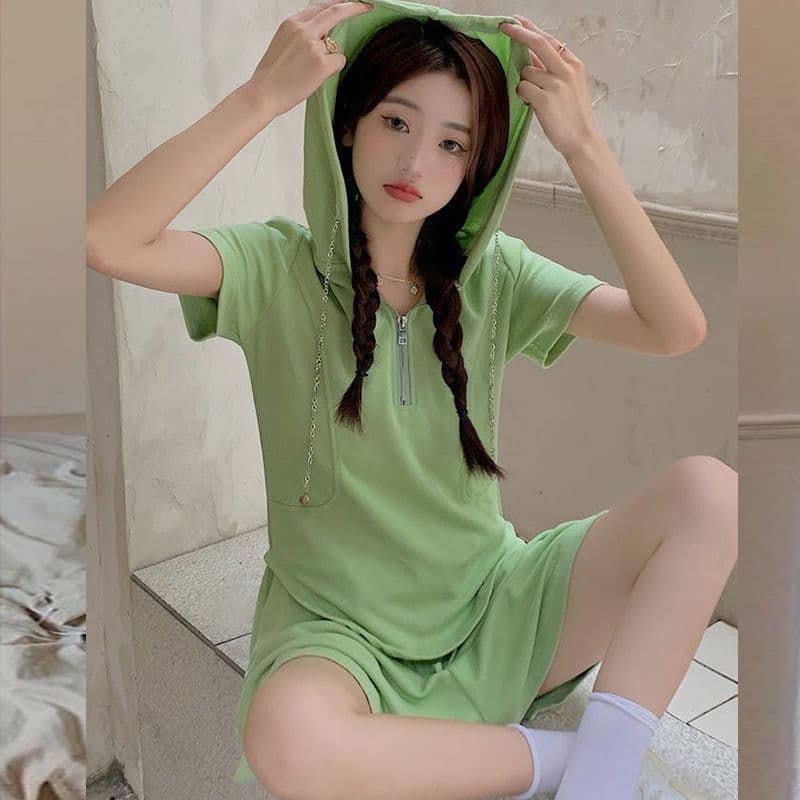 2026 새로운 빅 사이즈 여성 의류 여름 코디 전체 집합 슬림해 보이는 표지 고기 반팔 반바지 투피스 슈트 837 상세 이미지 15