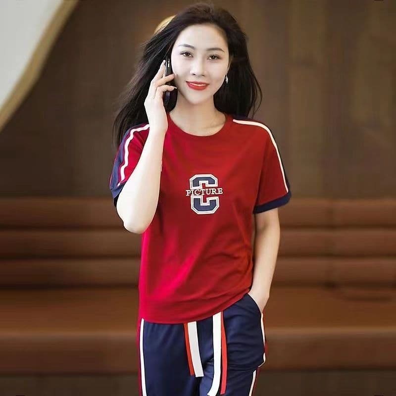 패션 스포츠 슈트 여성 2026 여름 새로운 외국 가스 연령 감소 슬림해 보이는 반팔 조거 바지 투피스 세트 839 상세 이미지 7