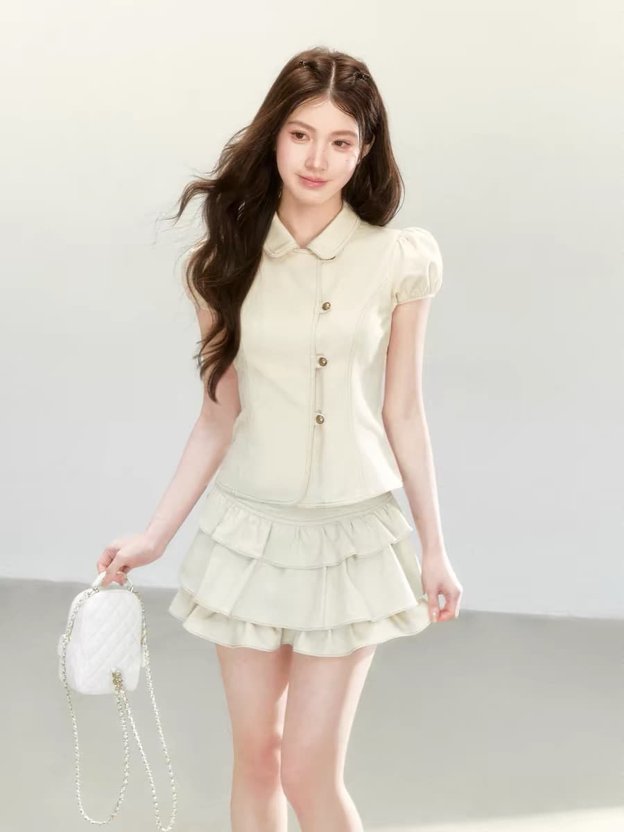 qdqd 달콤한 차가운 학원 스타일 세트 레트로 베이비 칼라 허리 수축 반팔 셔츠 소녀 센스 케이크 미니 스커트 여름 이미지 2
