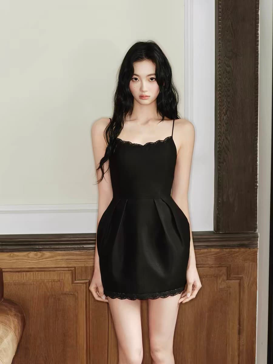 avenement 레이스 슬립 꽃밭 치마 허리 수축 드레스 미니 스커트 검정색 치마 작은 검은 드레스 여성 여름 상세 이미지 1