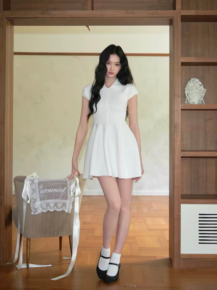 avenement 베이비 칼라 니트 드레스 거품 소매 반팔 허리 수축 A라인 스커트 미니 스커트 치마 아이들 여름 이미지 4
