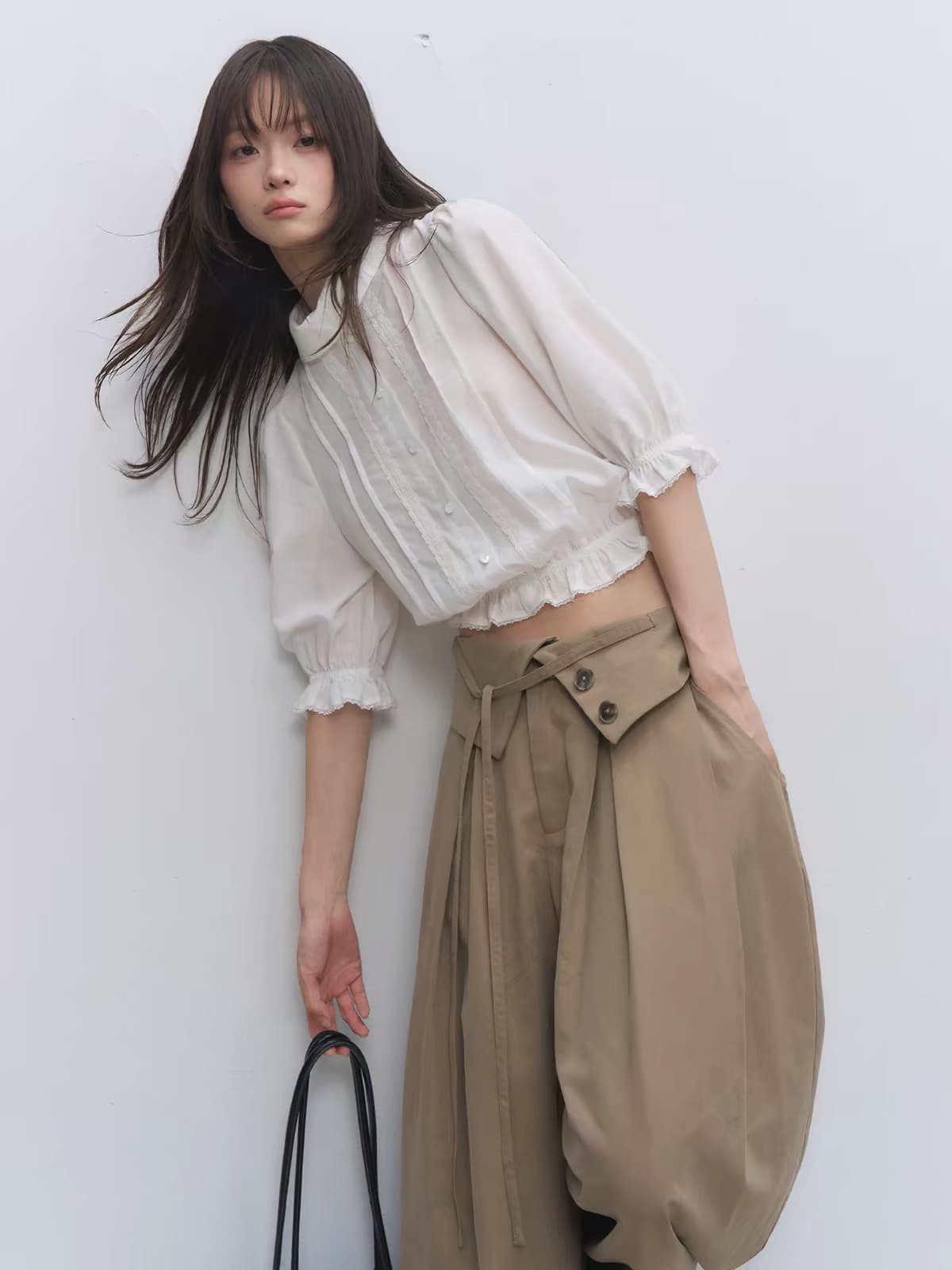soote season 천천히 머리말 시리즈 오리지널 페이크 레이어드 레이스 라운드 넥 중간 소매 쇼트 스타일 셔츠 맨위 여성 이미지 3