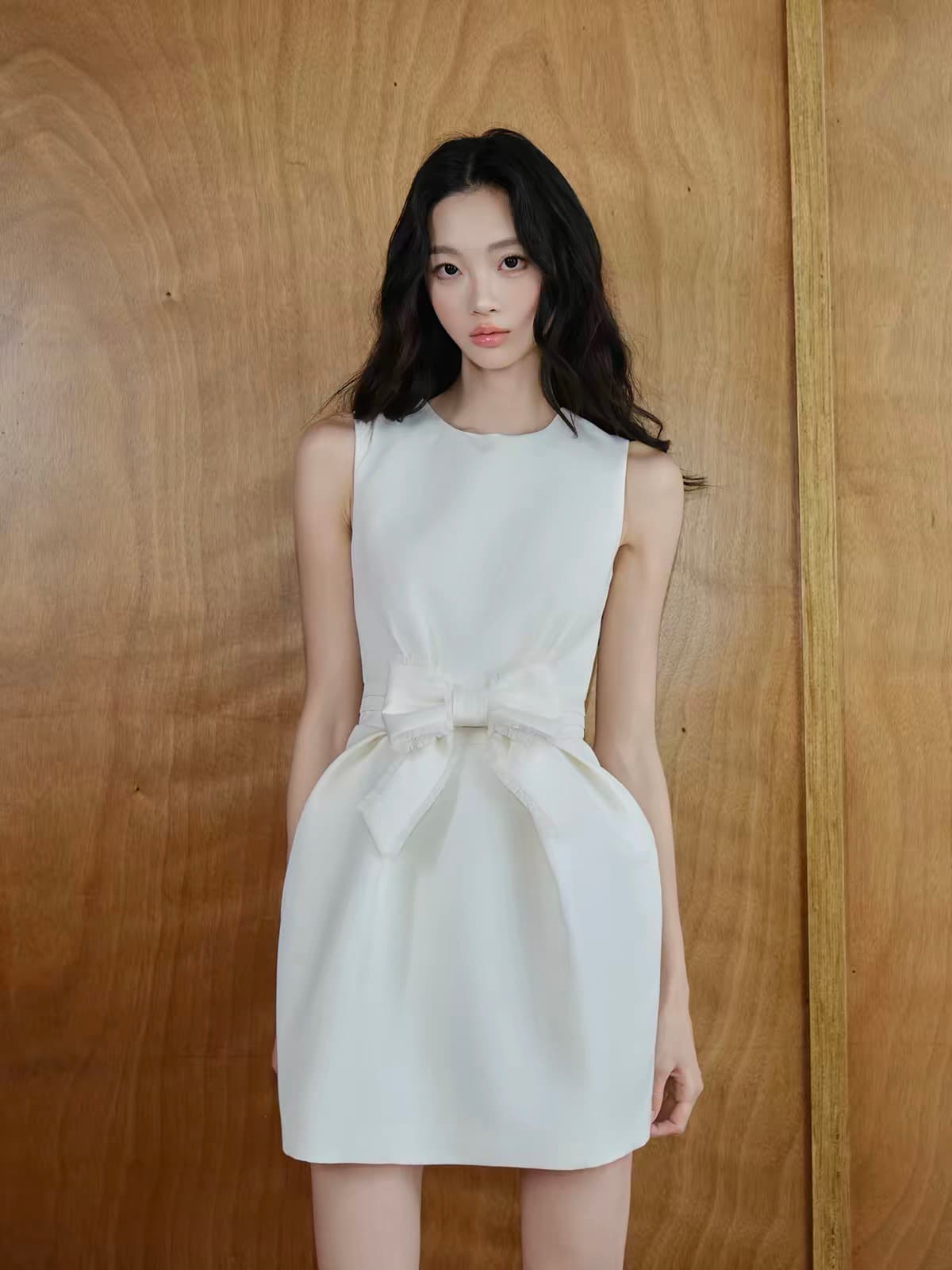 avenement 프랑스식 나비 매듭 허리 수축 민소매 한 마디 미니 스커트 그는 벤 바람 드레스 치마 예복 여성 상세 이미지 4