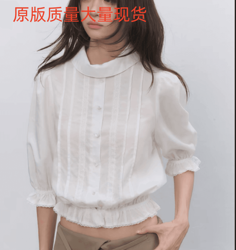 soote season 천천히 머리말 시리즈 오리지널 페이크 레이어드 레이스 라운드 넥 중간 소매 쇼트 스타일 셔츠 맨위 여성