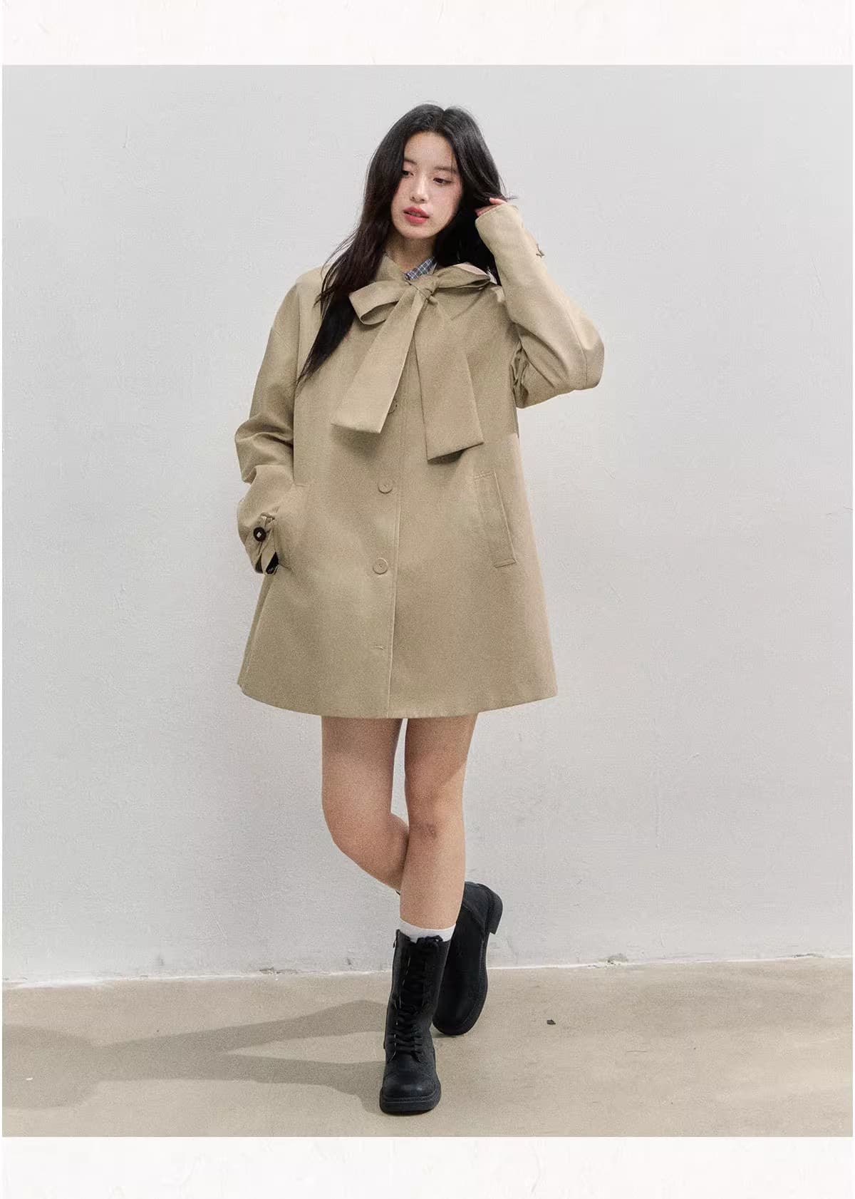 sunsetpark 일몰 박 가을의 날 전복 카키 체크무늬 패치워크 레트로 나비 매듭 재킷 재킷 이미지 3