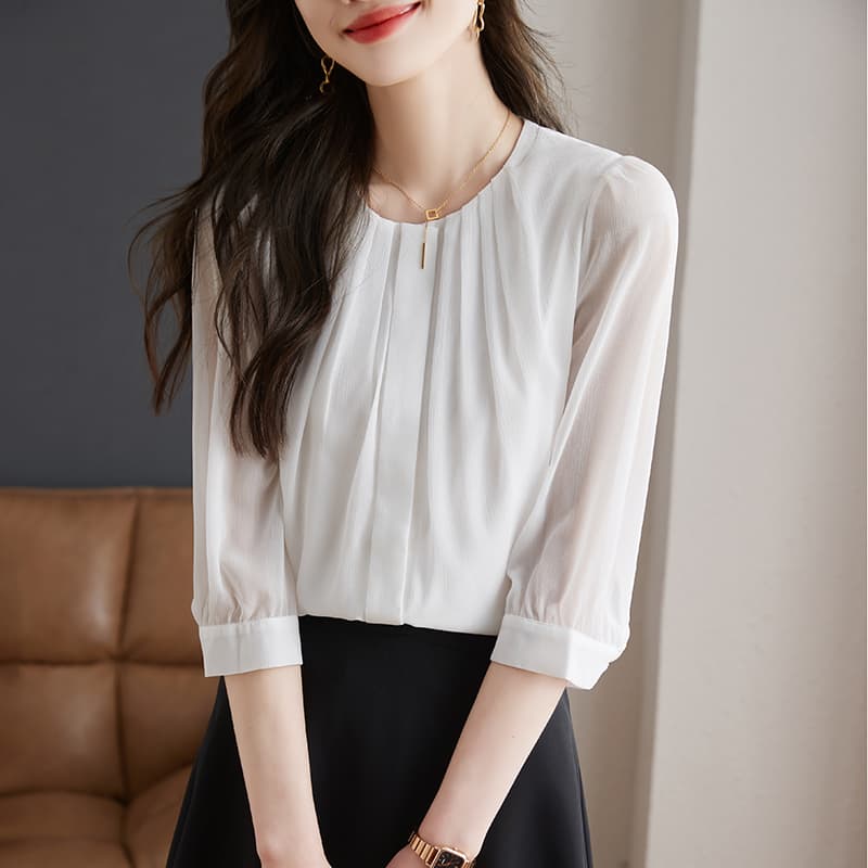 패션 라운드 넥 화이트 쉬폰 여성 셔츠 2026 봄 가을 다용도 셔츠 오픈 가디건 품격 출퇴근 7부 소매 맨위 이미지 5
