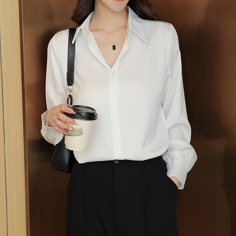화이트 긴팔 셔츠 경력 긍정적 인 로드 중 작업복 면접 프랑스식 쉬폰 톱 봄 새로운 품격 셔츠 여성 이미지 5