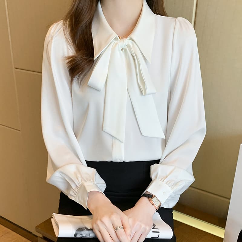 2026 봄 가을 화이트 긴팔 시폰 셔츠 여성 작은 키 도루 센스 한 부서 리본 맨위 부드러운 바람 셔츠 이미지 5