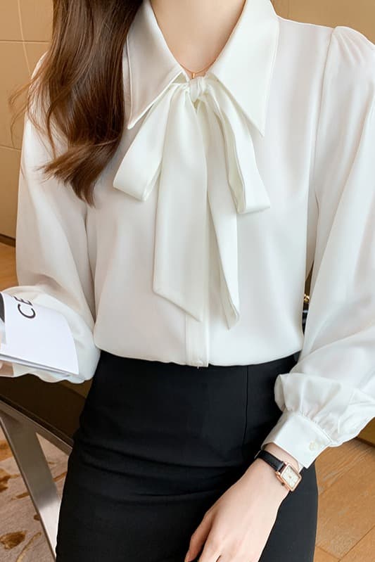 2026 봄 가을 화이트 긴팔 시폰 셔츠 여성 작은 키 도루 센스 한 부서 리본 맨위 부드러운 바람 셔츠 이미지 7