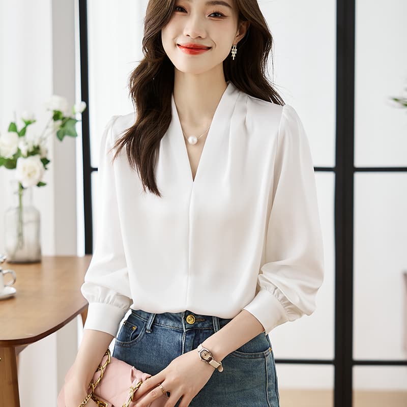 실사 3 색 고급 센스 미니멀리즘 여성 셔츠 봄 품격 V넥 빛 요리 한 바람 출퇴근 새틴 쉬폰 블라우스 맨위 이미지 5