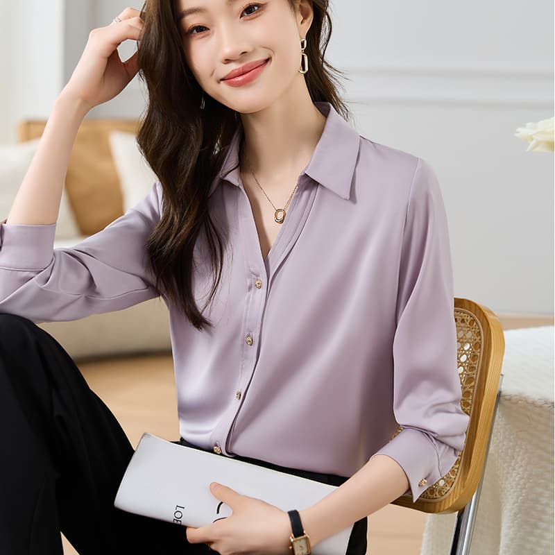 실사 2026 봄 가을 새로운 새틴 셔츠 V넥 금속 버클 긴팔 맨위 이미지 5
