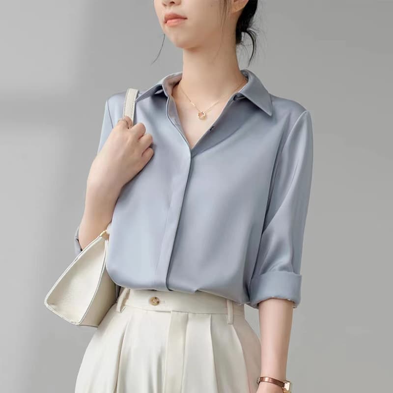 삼색 회색 파란색 새틴 셔츠 여성 긴 소매 봄 다용도 어두운 문 襟 레트로 항구 바람 도루 센스 출퇴근 빛 요리 한 이미지 2
