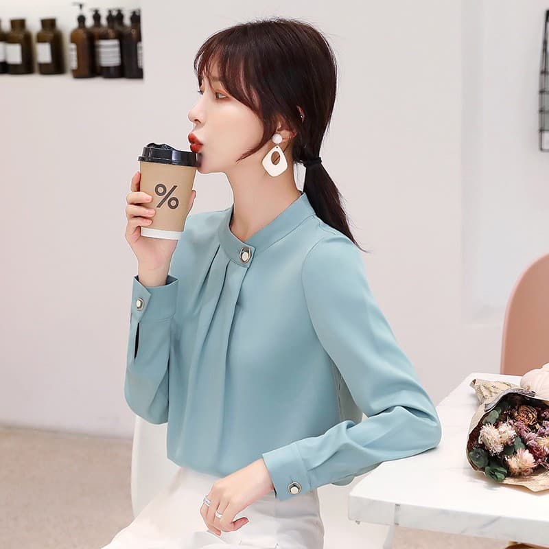 4 색 2026 봄 가을 새로운 경력 여성 셔츠 디자인 센스 작은 대중 한국 스타일 긴팔 새틴 쉬폰 톱 여성 이미지 4